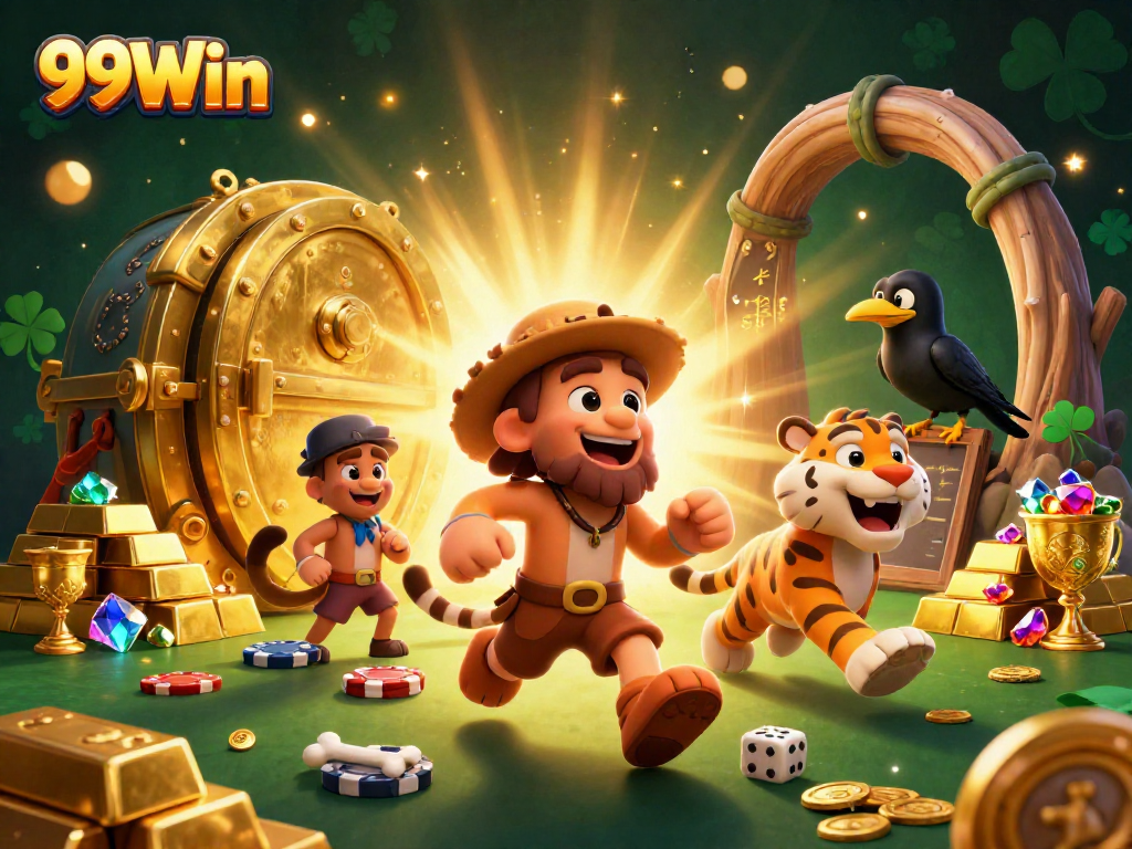 Experience thrilling gaming action at 99Win with prehistoric characters in a vibrant casino setting.