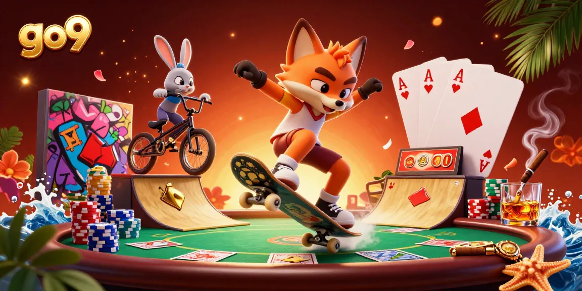 Engaging go9 illustration with a skateboarder fox and BMX rabbit in a rich casino scene.