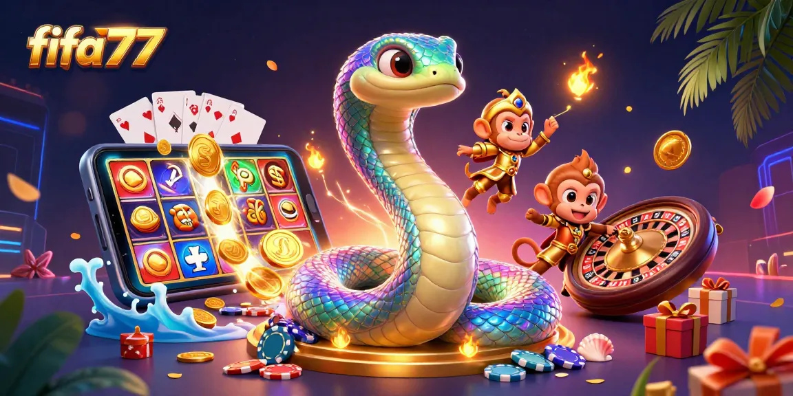 Unleash excitement with fifa777's vibrant casino world featuring a rainbow serpent and golden monkey king.