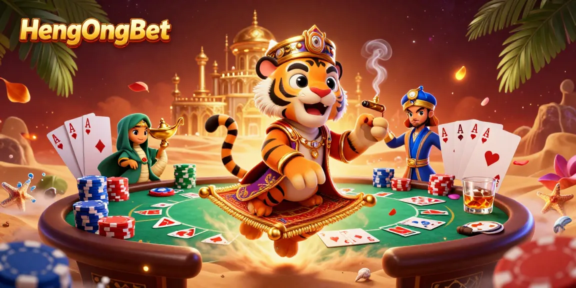 Experience the vibrant world of HengOngBet with an engaging casino scene filled with poker elements.