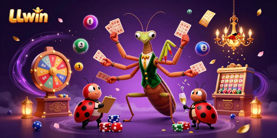 Experience thrilling action at LLwin with vibrant lottery balls and dynamic scenes of a card sharp and pit boss.