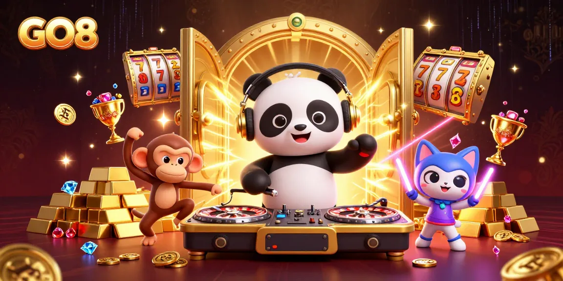 Experience excitement at GO8 with dynamic characters dancing amidst casino treasures and electric energy.