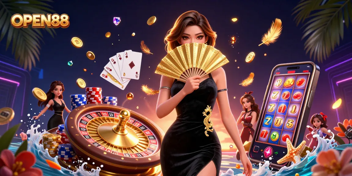 Experience thrilling gameplay at OPEN88 with a stunning Asian woman in a dynamic casino scene.