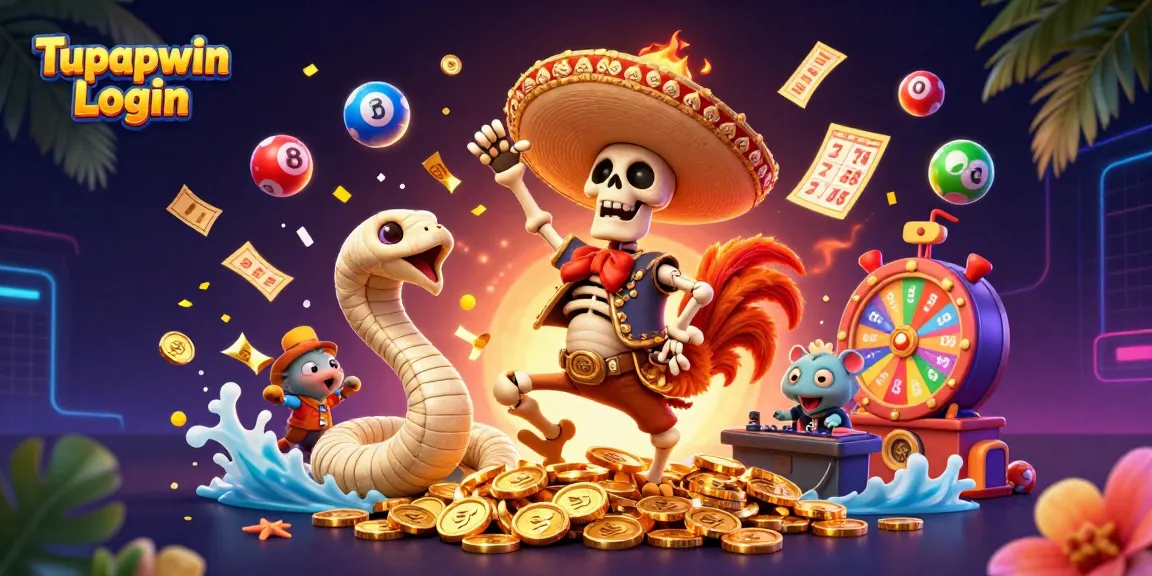 Tupaiwin Login with vibrant characters enjoying a dynamic victory celebration amidst colorful gambling elements.