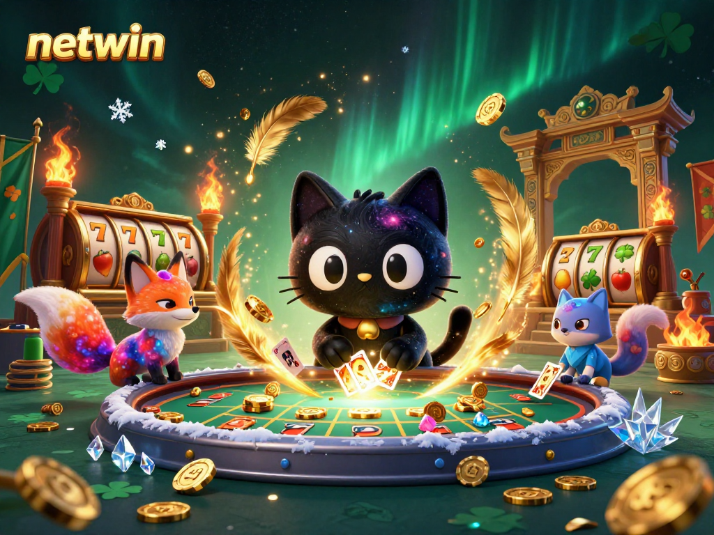Experience thrilling wins at netwin with a playful cosmic scene featuring a black hole cat and a nebula fox!