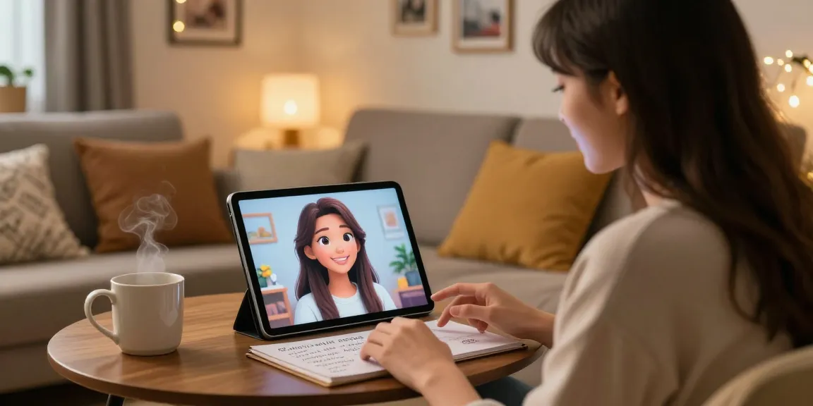 Engaging with an AI girlfriend character on a tablet in a cozy living room, showcasing modern digital romance.