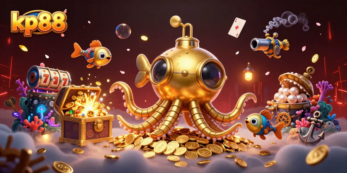Play exciting slot games at KP88 with a golden kraken submarine and treasures exploding from the sea.
