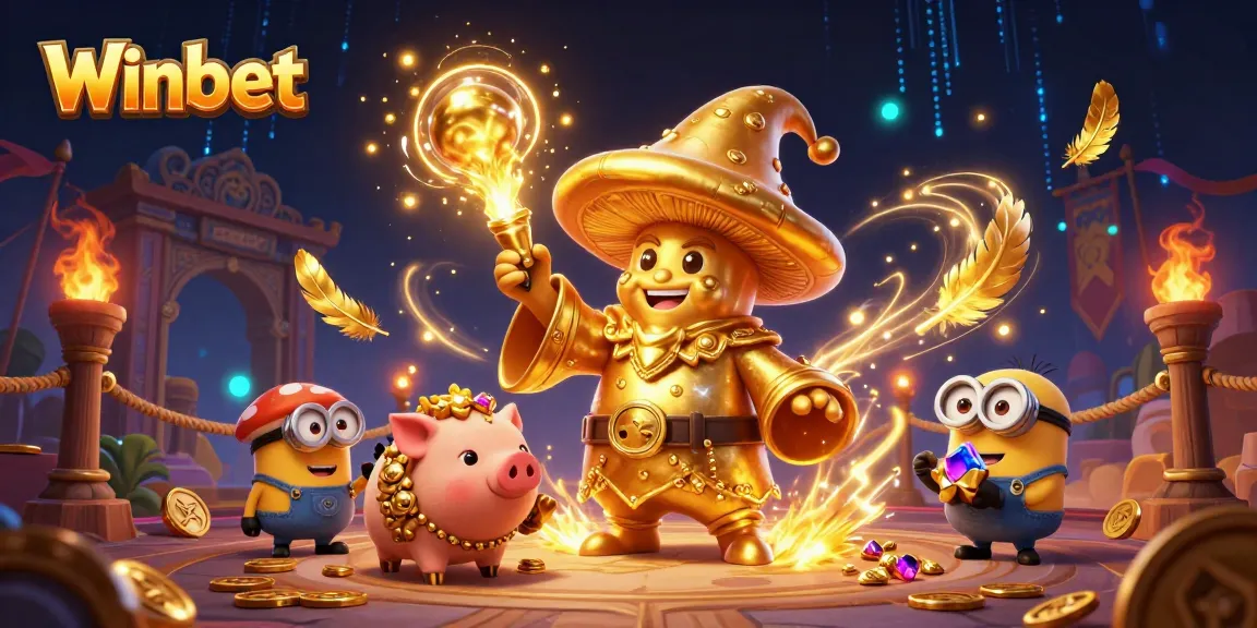Winbet features a magical golden mushroom wizard, treasure-hunting pig, and gemstone minions in a dynamic casino scene.