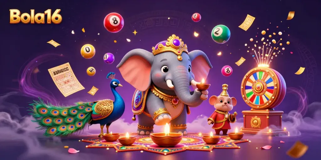 Bola16 offers vibrant lottery action with an elephant, peacock and festive decorations.