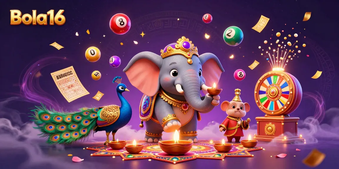 Bola16 offers vibrant lottery action with an elephant, peacock and festive decorations.