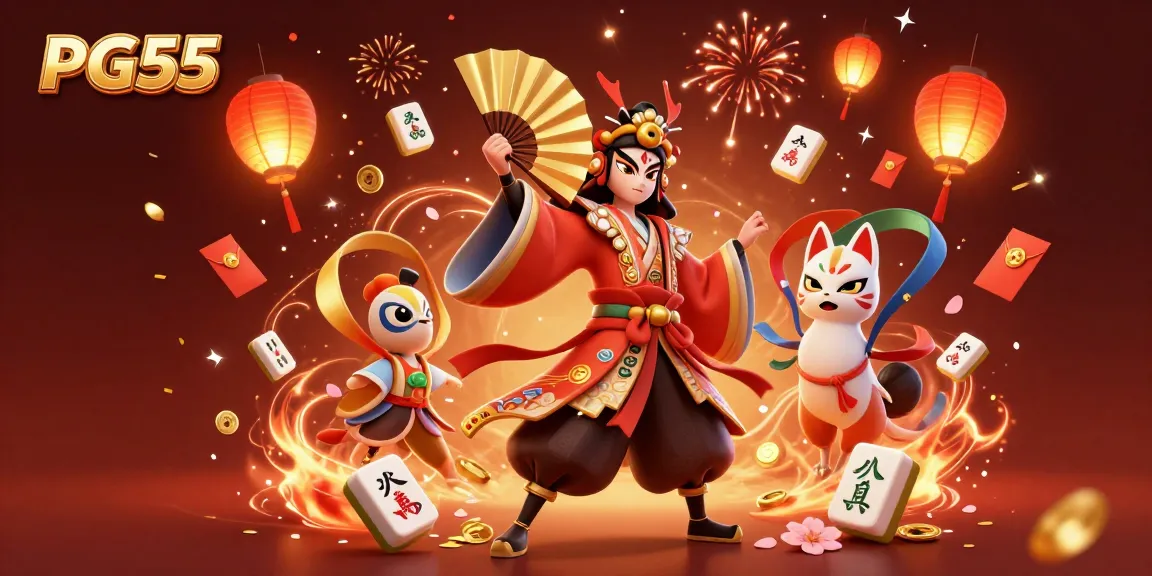 Experience PG55 vibes in a vibrant online casino scene with kabuki and kitsune characters.