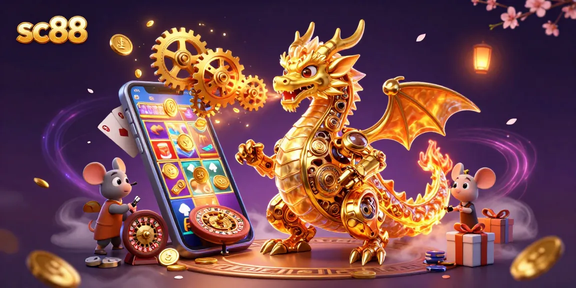 Experience the thrill of sc88 with a golden dragon and dynamic casino elements in vibrant 3D.