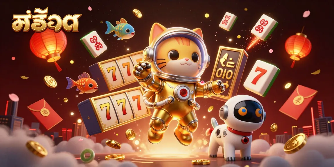 Engage in สล็อต gaming with a 3D scene of a space astronaut cat, robot dog, and slots!