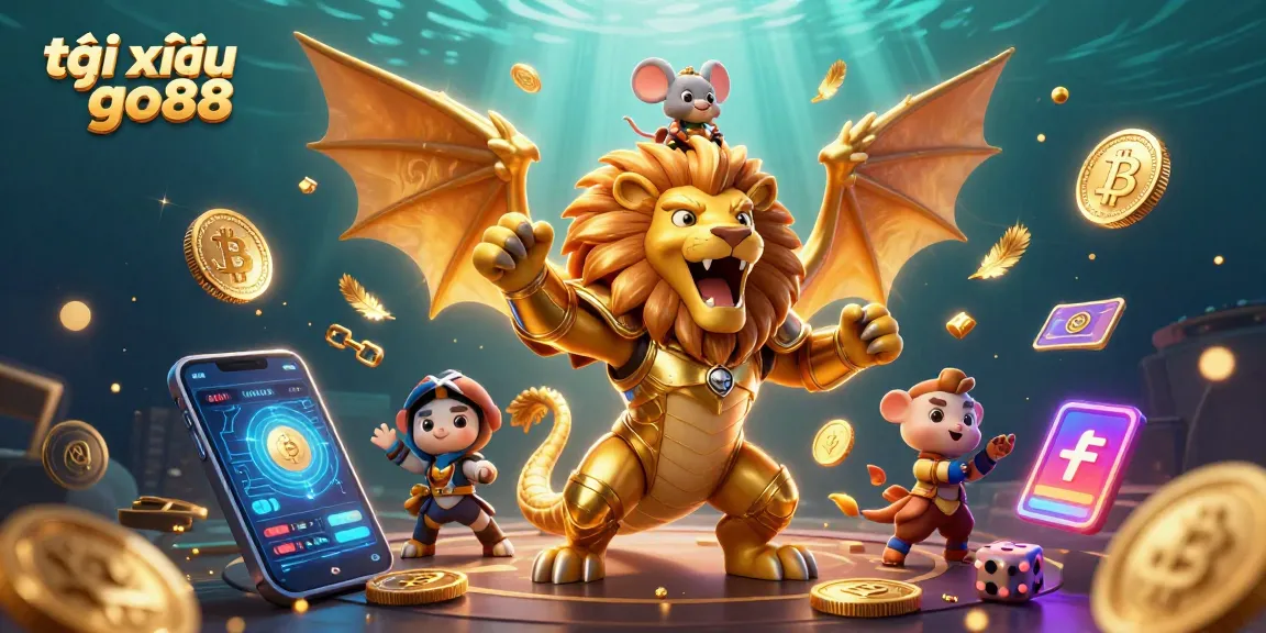 Tài xỉu go88 comes alive in this 3D casino scene showcasing a chimera with coins and vibrant gaming elements.