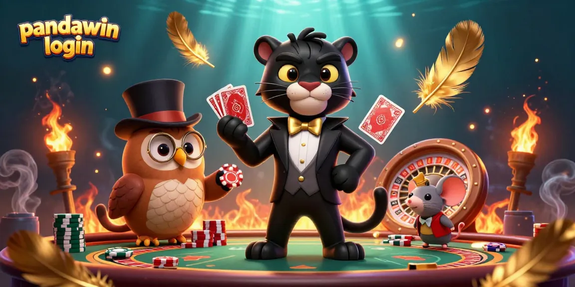 Engage with a stylish 3D panther dealer in a vibrant casino scene featuring "pandawin login" emblem and poker elements.