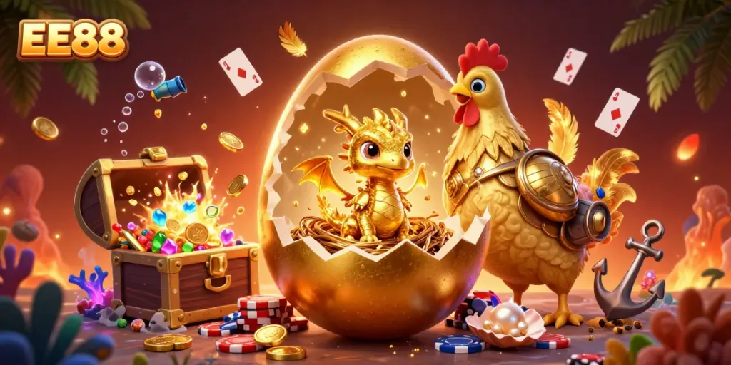 Engage in exciting casino action with EE88, featuring a golden dragon and poker chips.