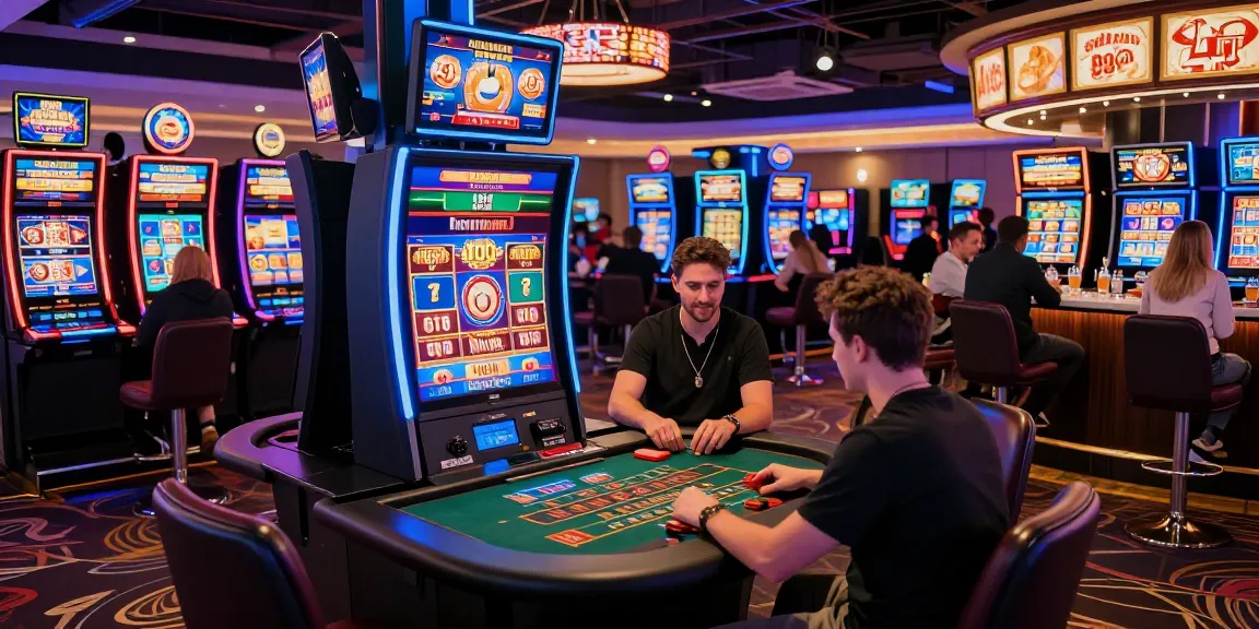 Exciting atmosphere at a non UK casino with diverse players engaged in live gaming, showcasing vibrant LED lights and modern gaming stations.