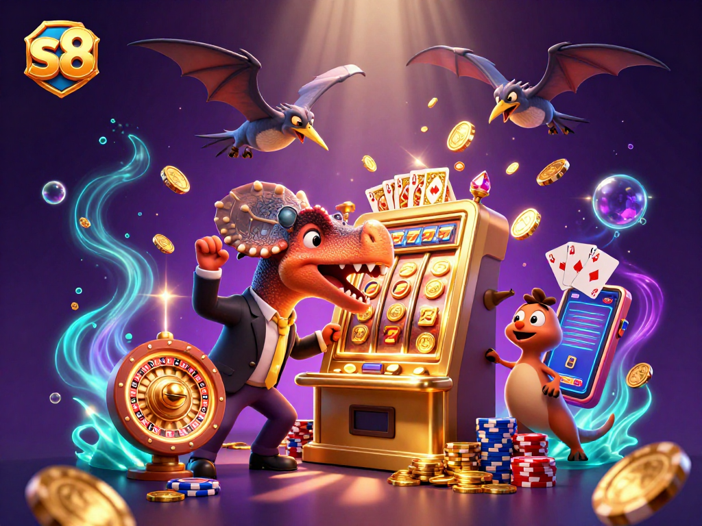 s8 captivates players with a dynamic 3D scene of a dinosaur interacting with a slot machine, showcasing excitement and winning potential.