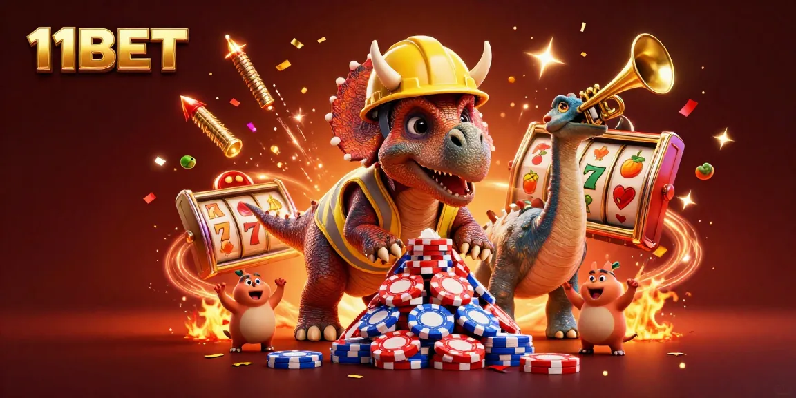 Join the celebration at 11BET casino with colorful slot reels, confetti, and festive characters