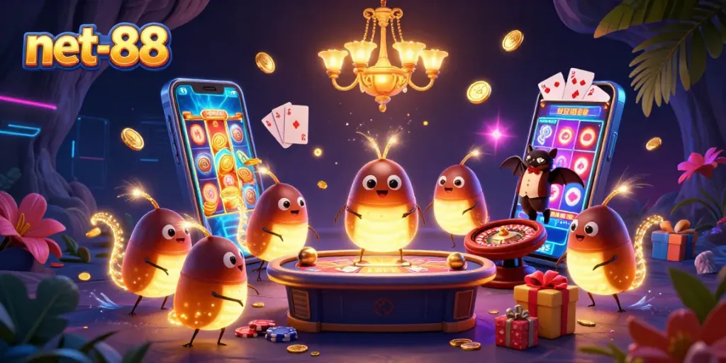 Engage with net-88's lively casino, illuminated by glowworms and dynamic gaming elements.