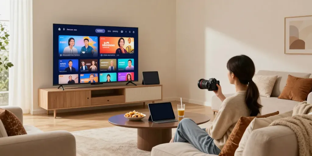Cozy home entertainment space displaying https://rbtv.io streaming on a smart TV alongside multiple devices.