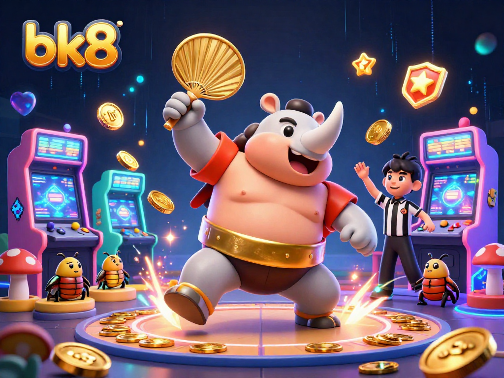 Experience thrilling moments at bk8 with a 3D cartoon beetle champion and colorful casino elements.