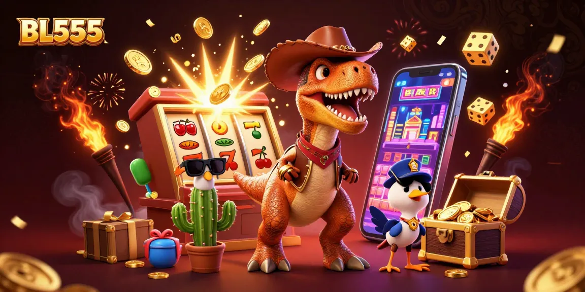 Experience the thrill of winning at BL555 with a dynamic 3D illustration showcasing a T-Rex and friends in a vibrant casino scene.