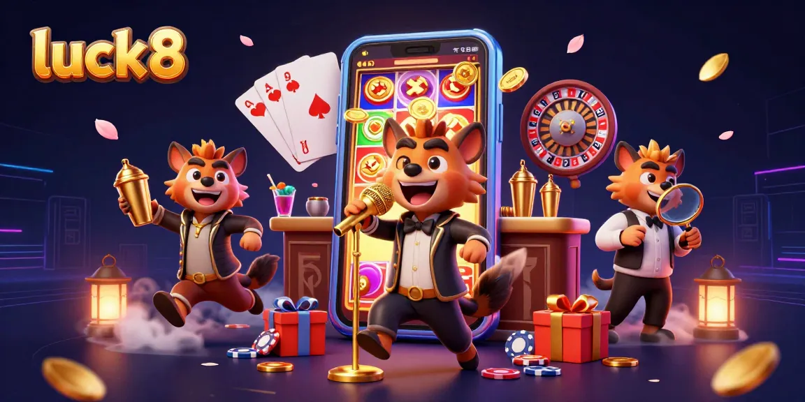 Luck8 casino features hyenas in a dynamic comedy club scene with exciting slot games and vibrant atmosphere.