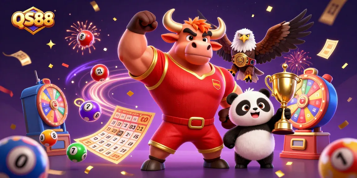Trải nghiệm cá cược độc đáo tại QS88 với hình ảnh mascot bull chiến thắng và các quả bóng xổ số sôi động.