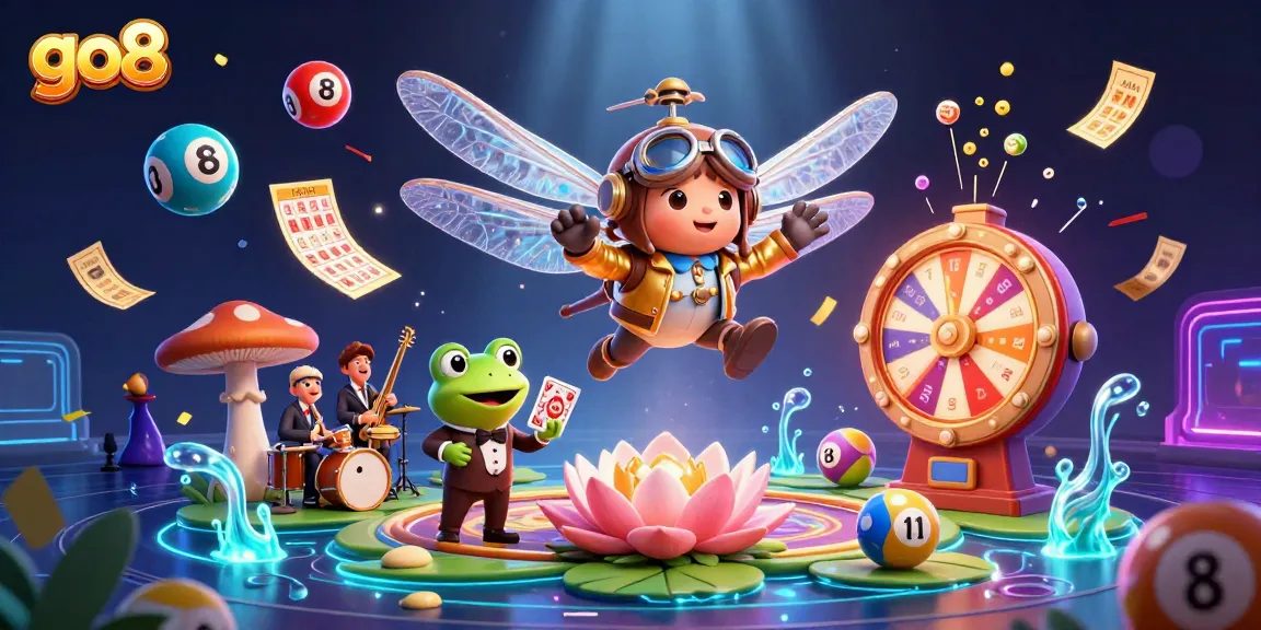 Engage with the excitement at go8 casino featuring vibrant 3D visuals of games, croupiers, and colorful lottery elements.