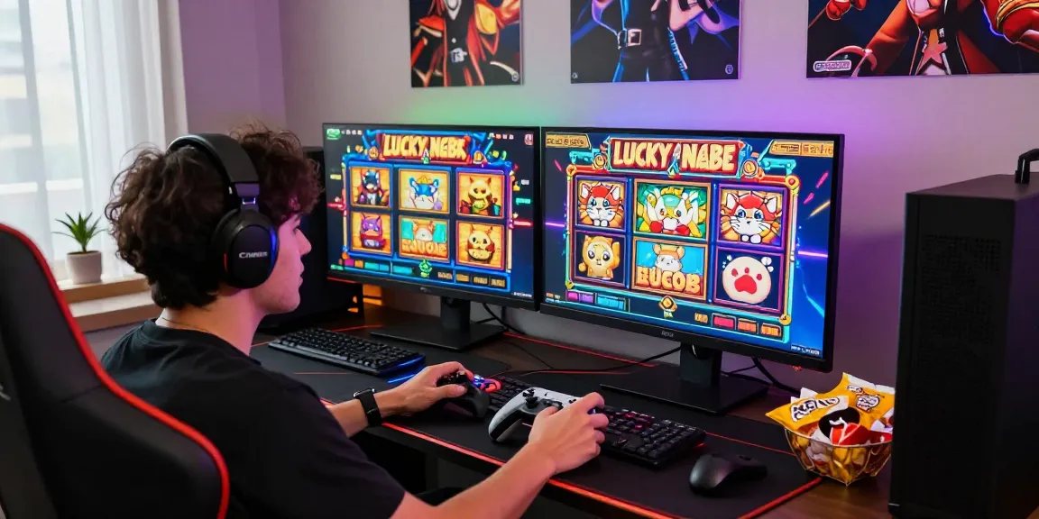 Player enjoying the Lucky Neko game in a colorful gaming setup.