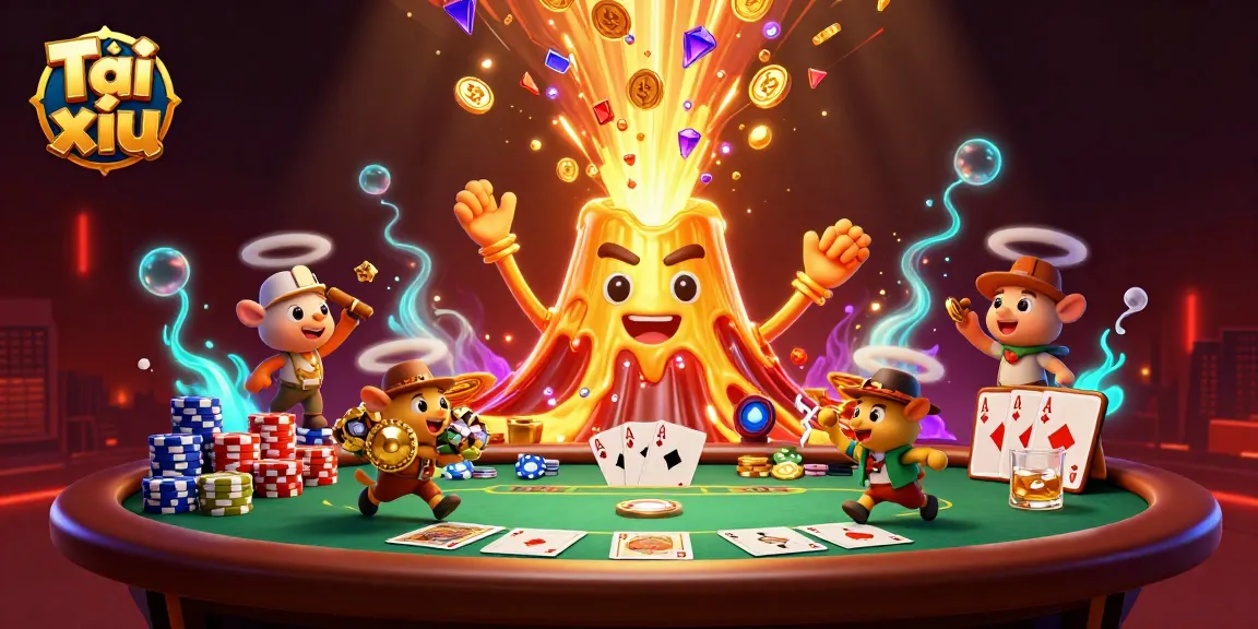 Engage in Tài xỉu with a vibrant 3D illustration of a golden volcano erupting treasures and animated characters.
