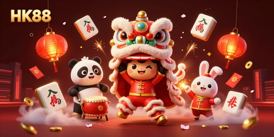 Experience the vibrant arcade of HK88 with a festive lion dance, surrounded by casino symbols, and captivating decorations.