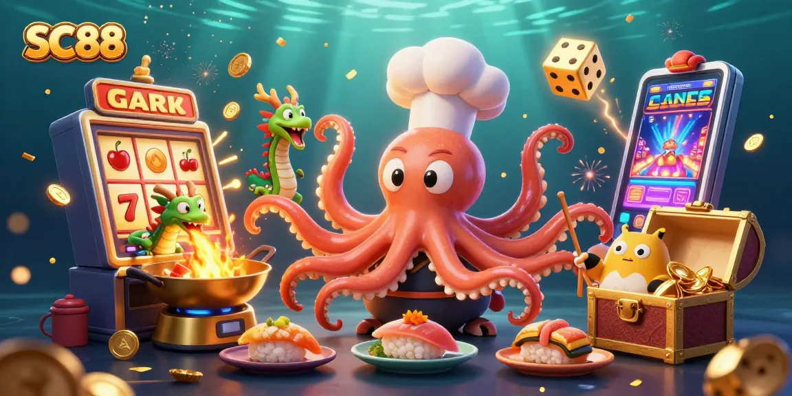 Experience vibrant winnings at SC88 with a dynamic illustration of a sushi chef octopus and friends enjoying casino fun.