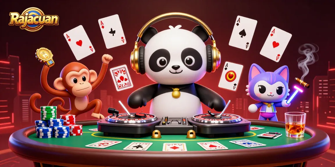 Rajacuan vibrant digital illustration showcasing DJ panda, breakdancing monkey, and racing kitten in a lively gaming scene.