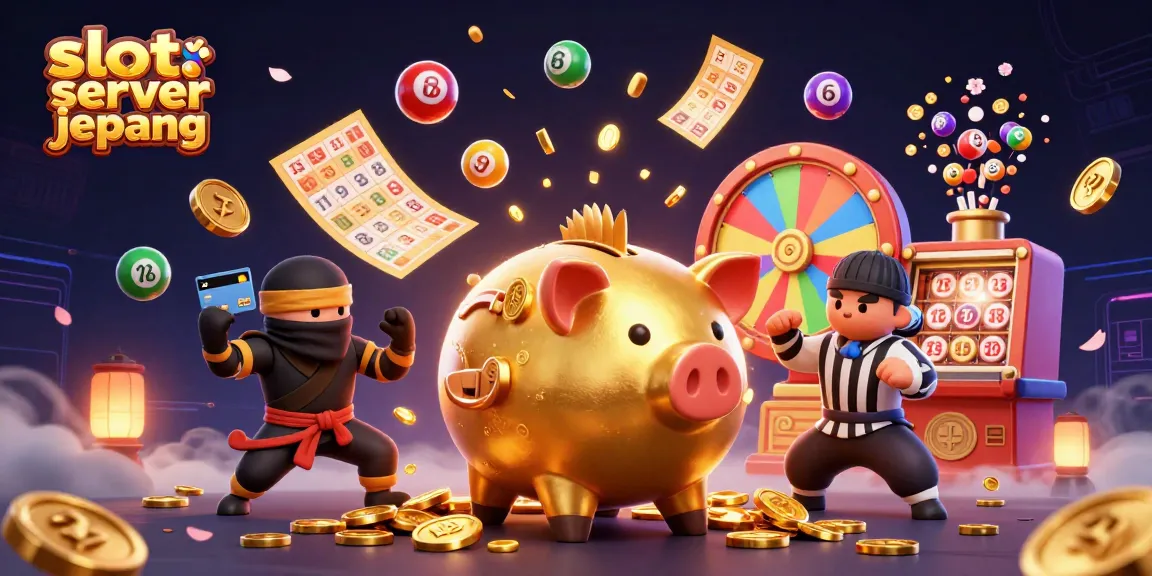 Engage with exciting slot server jepang gaming featuring a dynamic piggy bank sumo wrestler illustration.