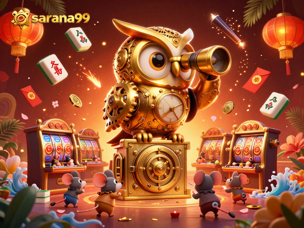 Join the excitement at sarana99 with vibrant slot machines and a whimsical owl illustration.