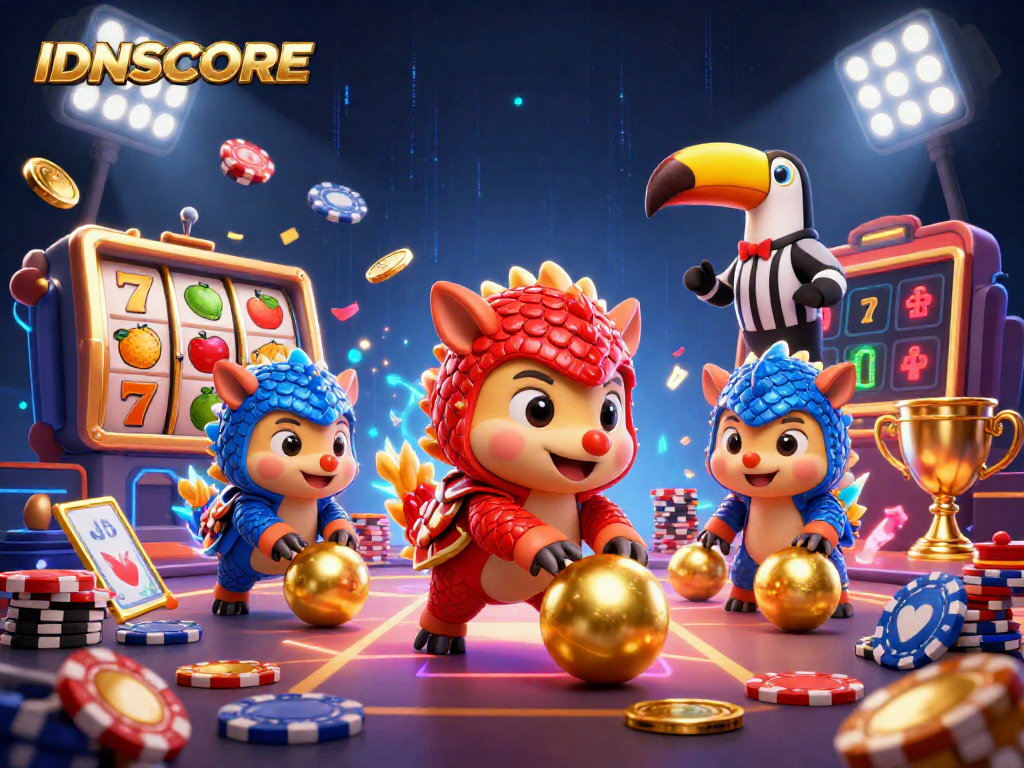 Experience thrilling slots action at IDNSCORE with vibrant pangolin characters and loaded poker chips.