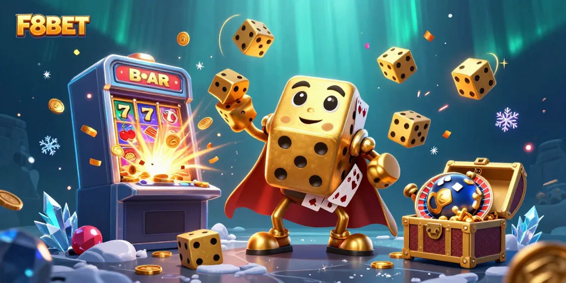F8BET's captivating casino scene with vibrant characters, golden dice, and jackpot explosion.