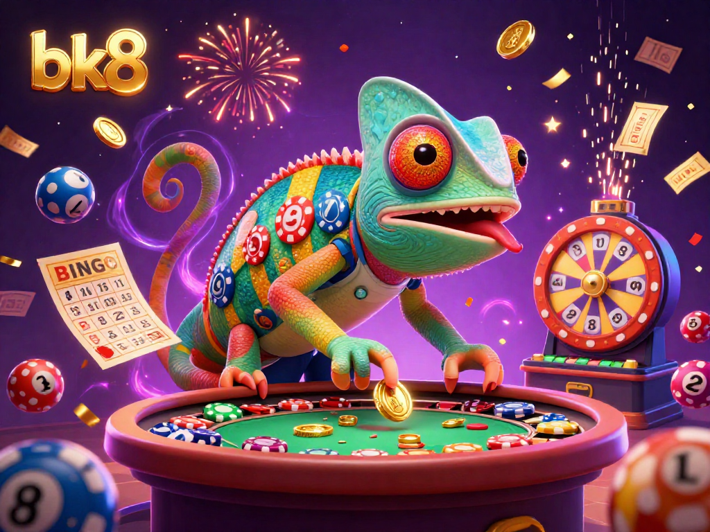 Engage with the bk8 casino experience, featuring a colorful dynamic illustration of gaming excitement and lucky symbols.
