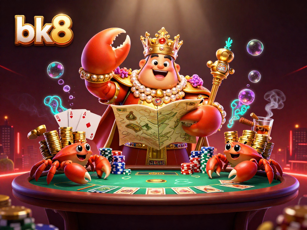 Win big at bk8 with a vibrant 3D scene showcasing a golden crab emperor and poker elements.