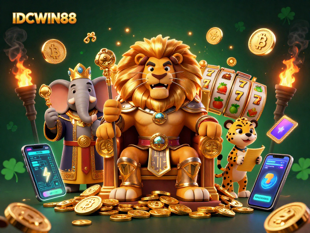 Play slots with great odds at IDCWIN88, featured in an engaging casino-themed illustration.