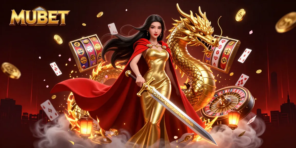 MUBET engages players with a warrior queen in a dynamic casino scene filled with gold and excitement.