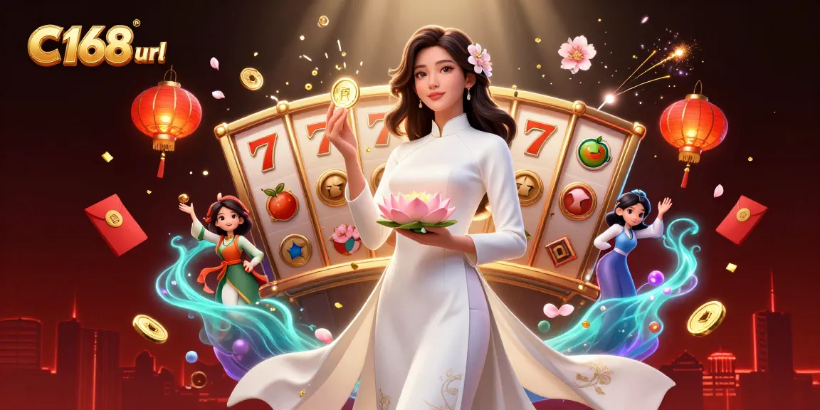 Experience the excitement of C168 url with vibrant slot reels and captivating characters in a bustling casino scene.
