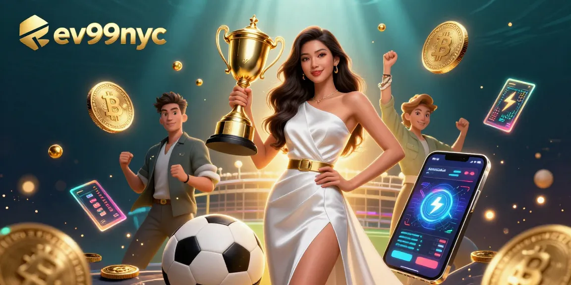 Experience thrilling sports betting with ev99nyc's stunning visual of a confident Asian winner celebrating a trophy.