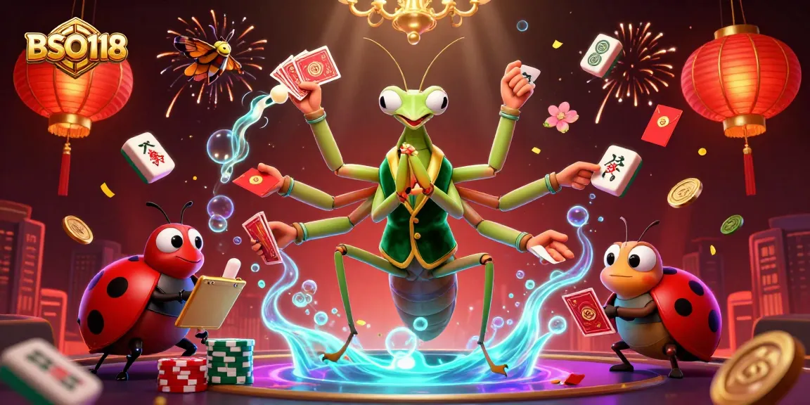BSO118 features an entertaining 3D scene with a mantis dealer and a ladybug pit boss in a vibrant casino.