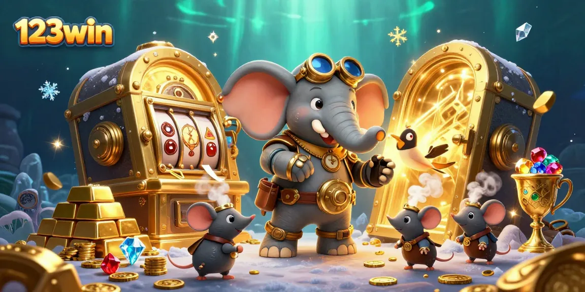 Experience 123win's vibrant casino world with steampunk-themed characters and rich treasures.