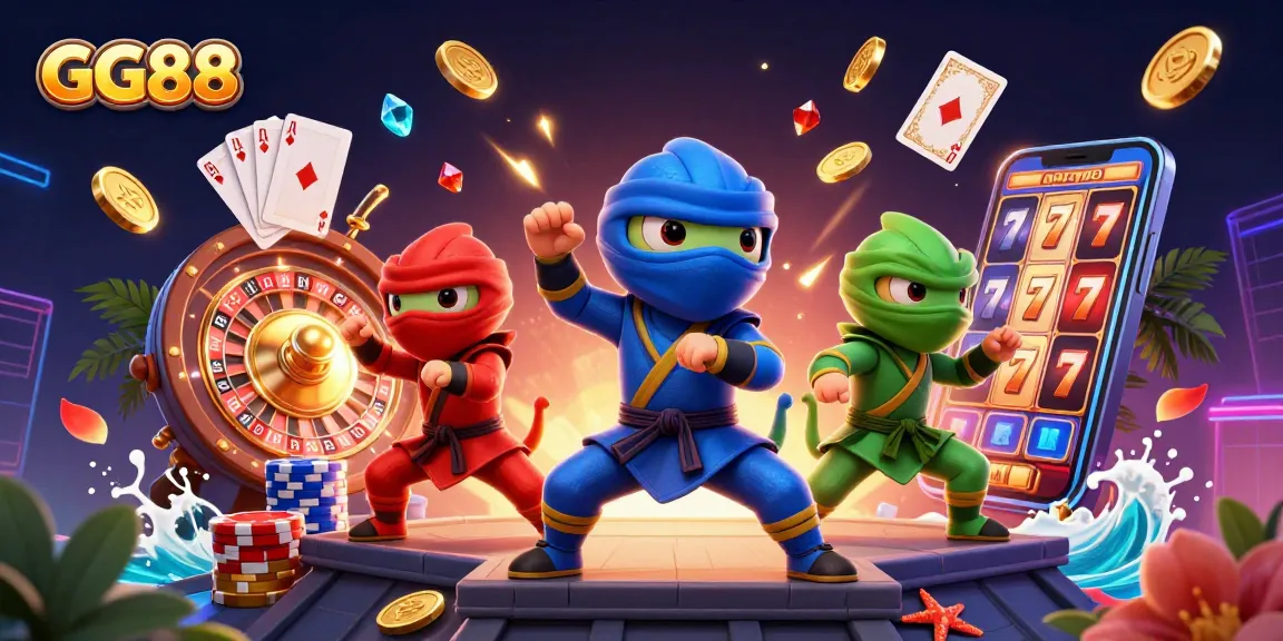 Engage with the vibrant GG88 gaming scene featuring chameleon ninjas, golden coins, and roulette wheels.