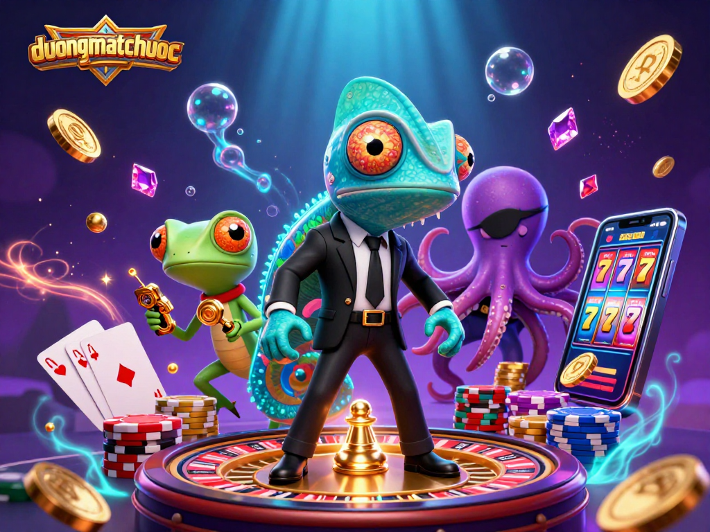Experience duongmatchuoc with a 3D chameleon agent and vibrant casino elements.