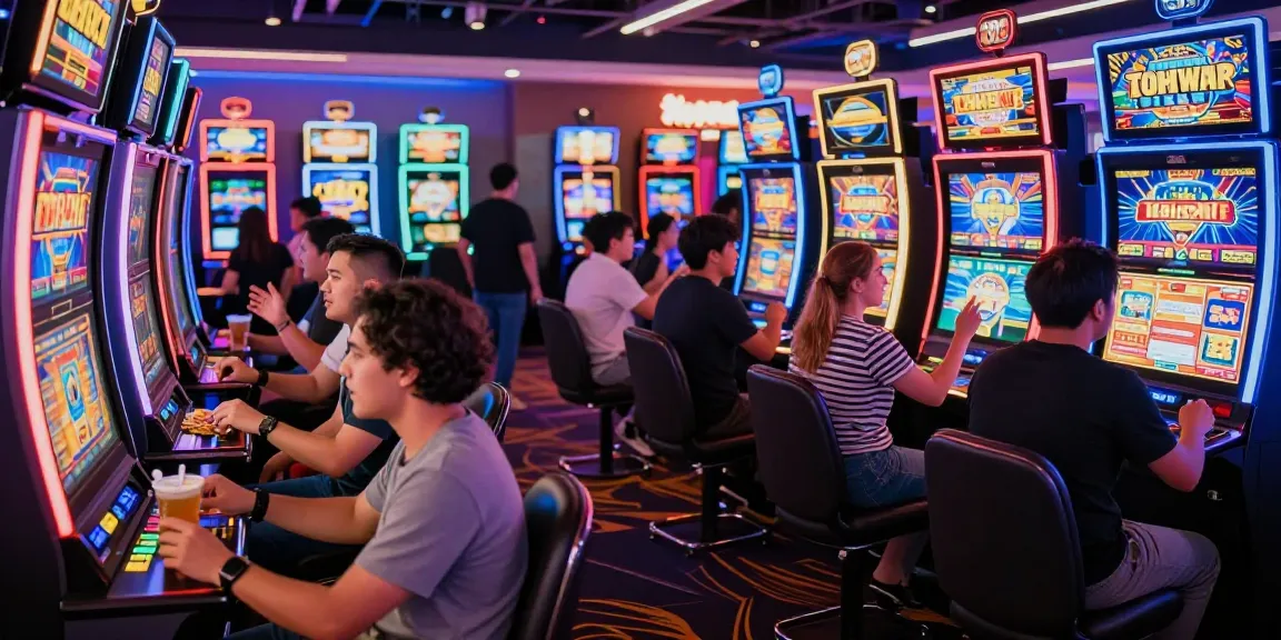 Gorabet casino oyuncuları slot makinelerinde heyecanla oyun oynarken, canlı ışıklar ve çarpıcı oyun ekranlarıyla dolu bir atmosfer.